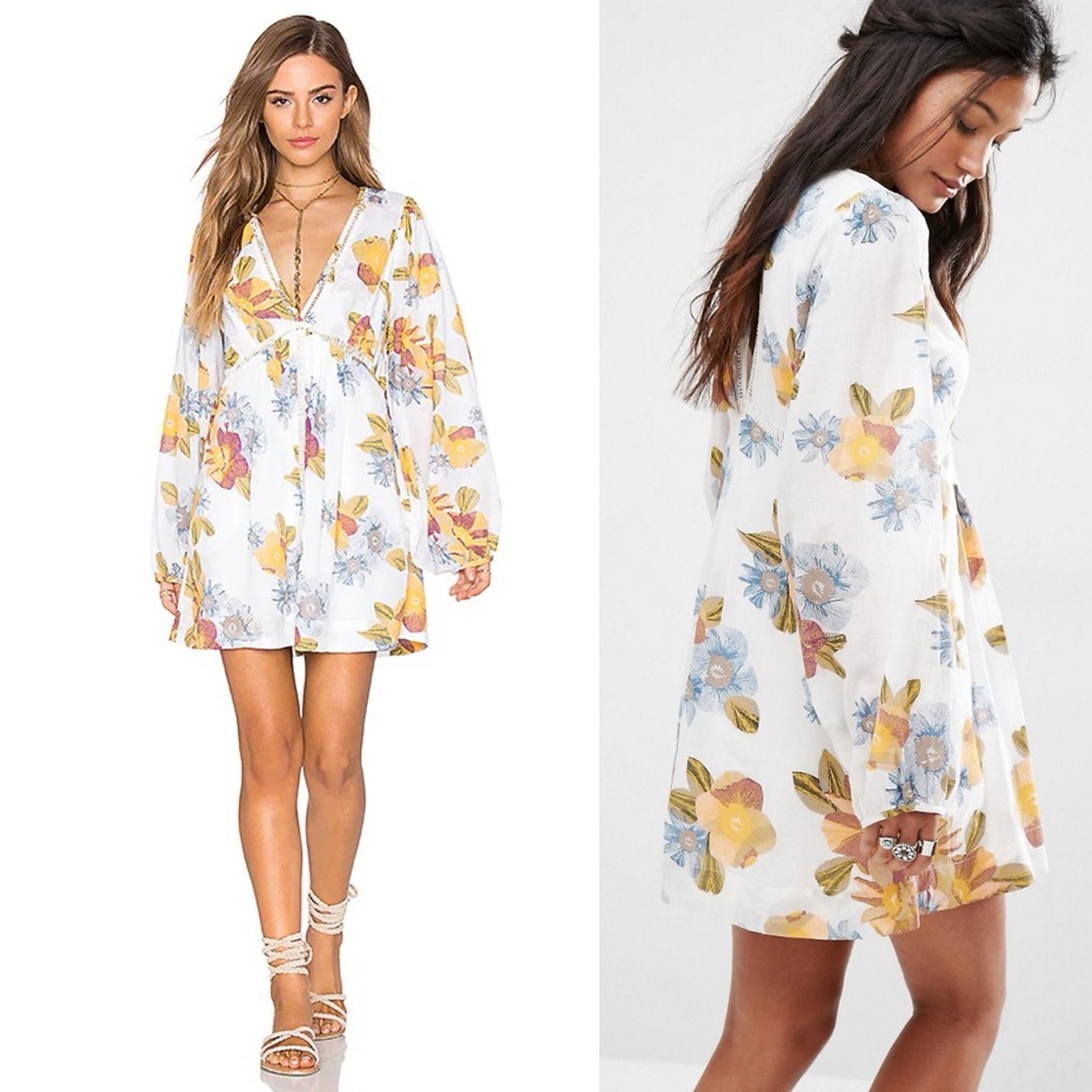 Free People Floral Smock Mini Dress Ladder Cut out with Deep V Neck Size XS S